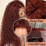 Reddish Brown HD Lace Frontal Human Hair Wig 250 Density Colored Curly Wigs 13x6 Transparent Lace Water Deep Wave Frontal Wig