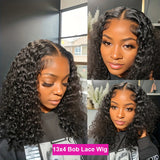 Curly Bob Wig Human Hair 100% 13x4 Lace Front Human Hair Wigs Pre Plucked Natural Black Deep Wave Short Bob Lace Frontal Wigs