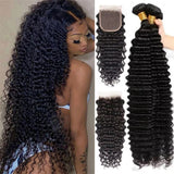 32 Inch Deep Wave 100% Human Hair Bundle With Closure Curly 3 Bundles With Closure Human Hair Weavings And Closure Vietnamese
