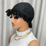 Kinky Curly Human Hair Wig Short Bob with Bangs for Black Women Machine Made Afro Curly Style Pre Plucked Natural Look Daily Wig