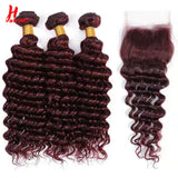 99J Deep Wave Human Hair Bundles With Closure HairUGo Burgundy 4x4 Lace Closure With Bundles Remy Hair Weaving Transparent Lace